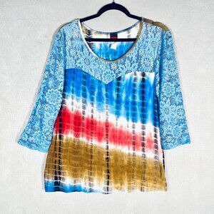 Vintage Y2k Top Womens M Blue Lace Sleeve American Patriotic Tie Dye Blouse USA